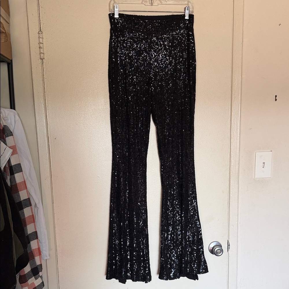 Black Sequin Wide Leg Pants - Women's Glamorous Evening Wear